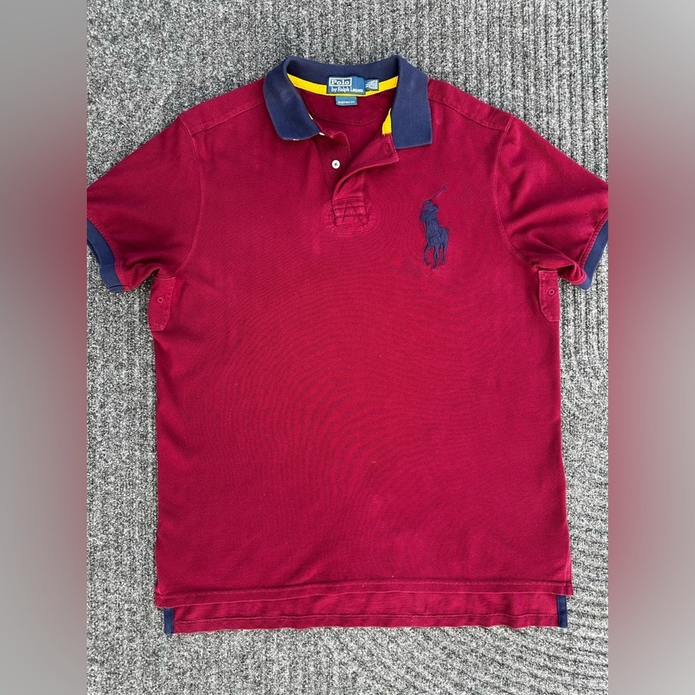 Ralph Lauren Mens Burgundy Polo Shirt with Big Pony Navy Accents Rugby Vintage